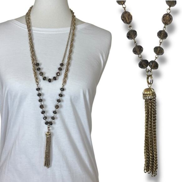 Women’s Necklace Double Strand Tassel Glass Bead Brown Gold 18/20” Length - Picture 11 of 11